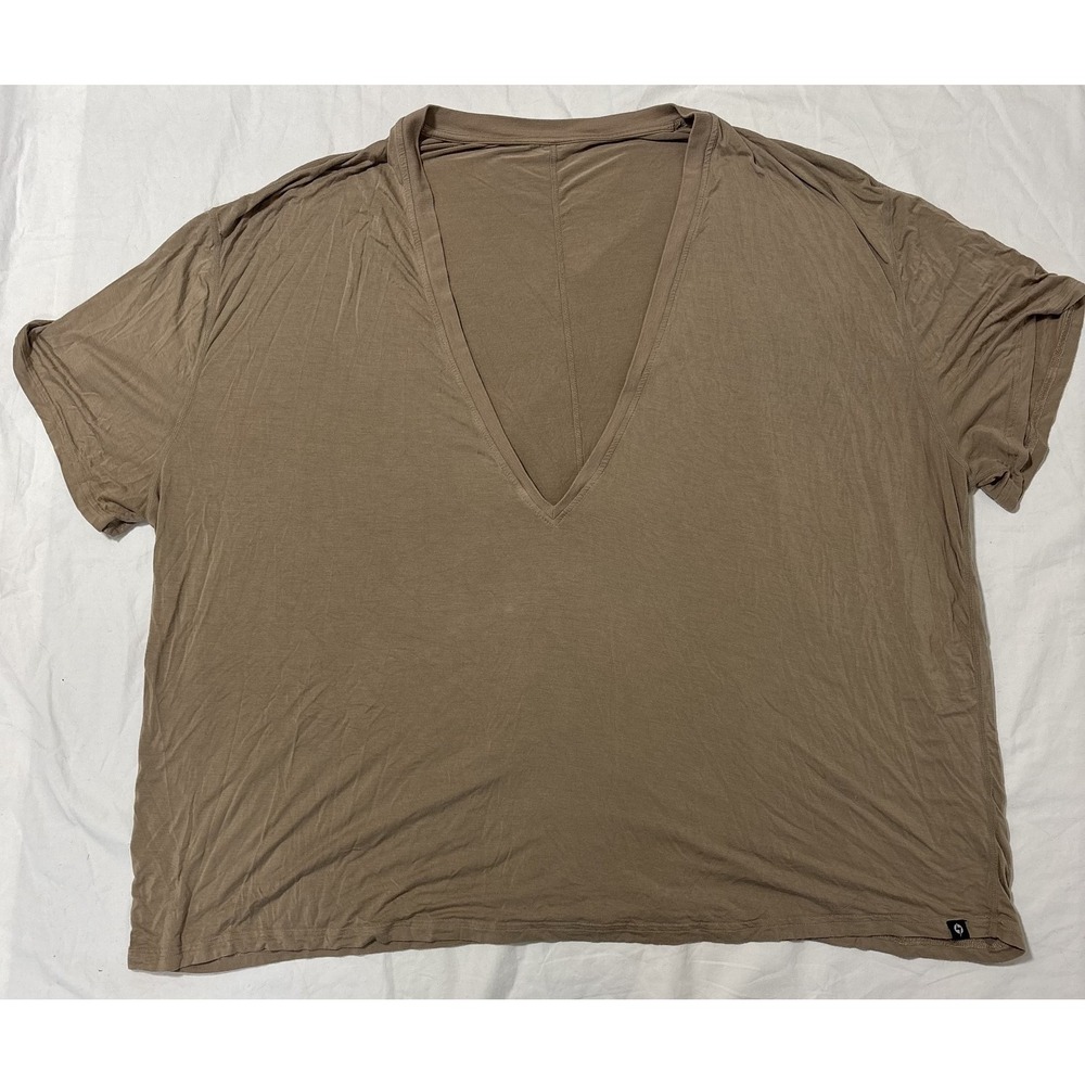 Popflex Womens Deep V-Neck Slouchy Boxy T-Shirt Brown Short Sleeve Relaxed Fit L